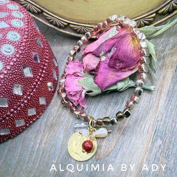 Alquimia Jewelry - Gold  Saint Benedict charm tassel coral and pearl with opals dainty bracelet